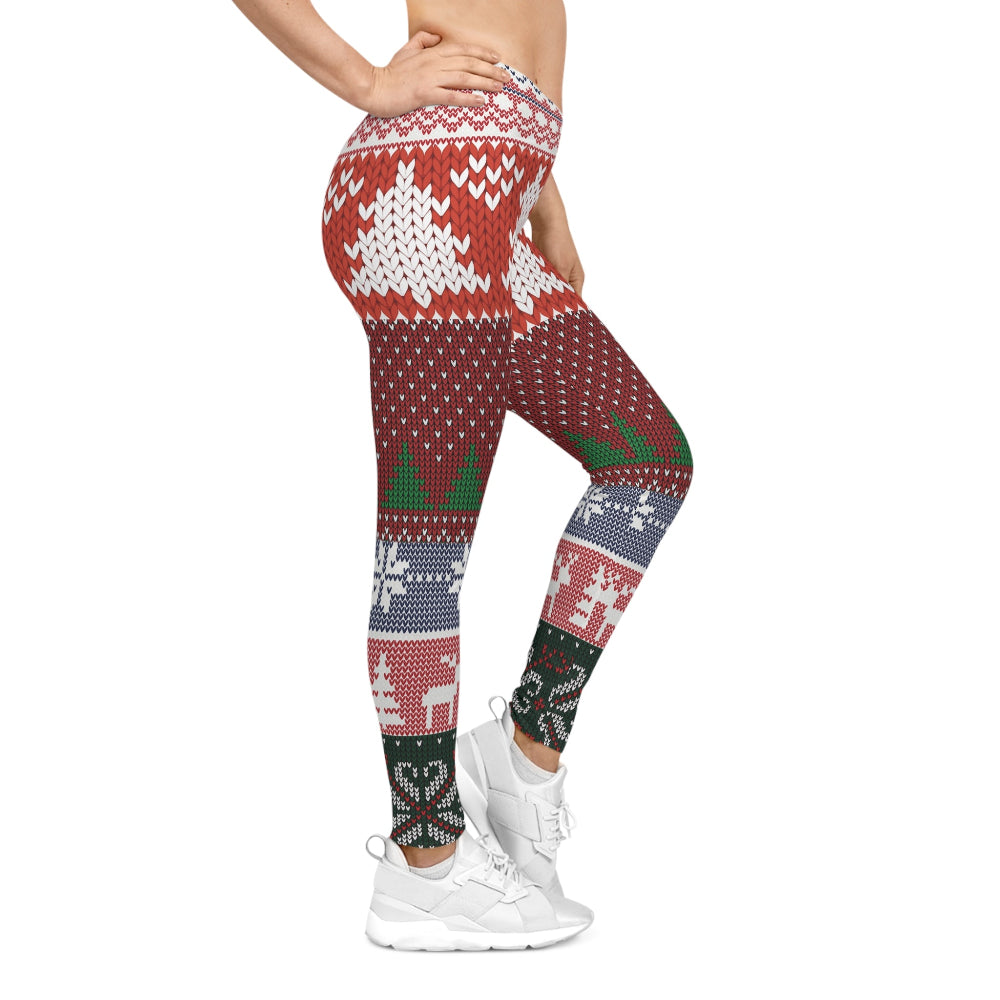 Leggings with a festive pattern worn by a person on a white background