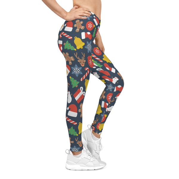 Leggings with Christmas-themed pattern on a white background