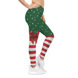 Green leggings with red bow and white stars, paired with red and white striped socks, on a white background.