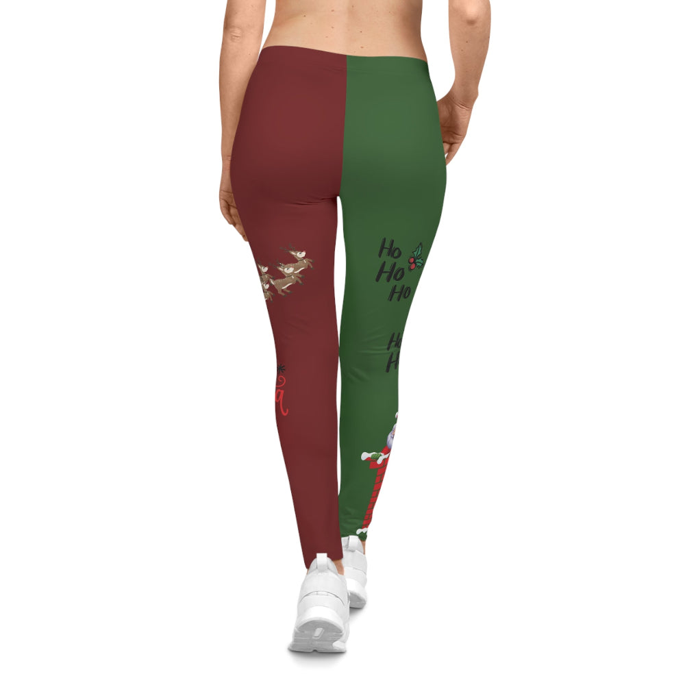 Leggings with a split design, one side red and the other green with text and patterns, on a white background.