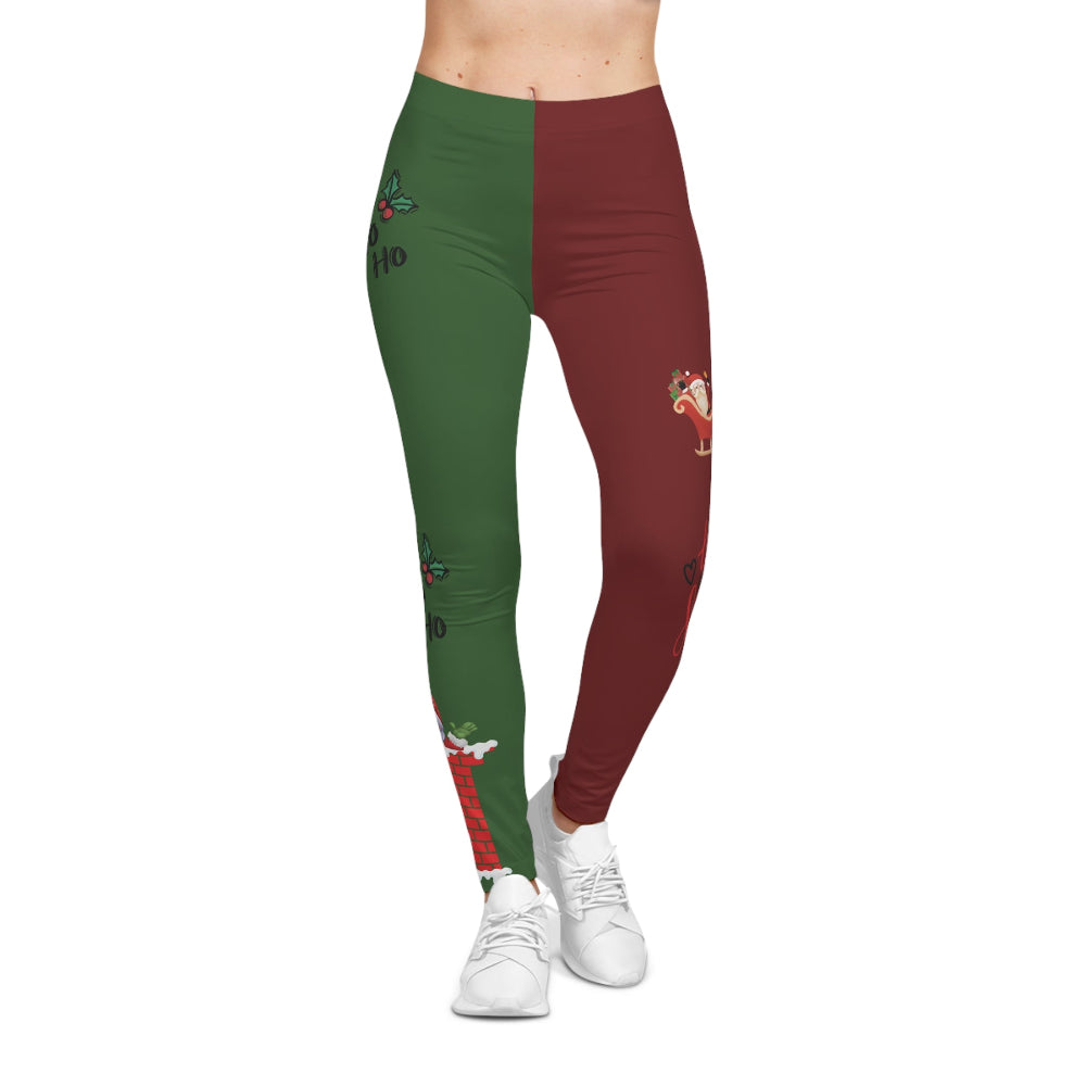 Green and red leggings with festive designs on a white background