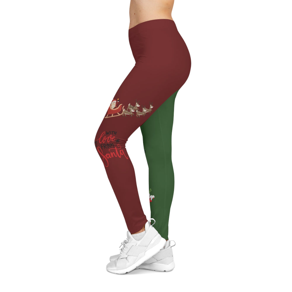 Maroon and green leggings with festive design on a white background