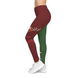Maroon and green leggings with festive design on a white background