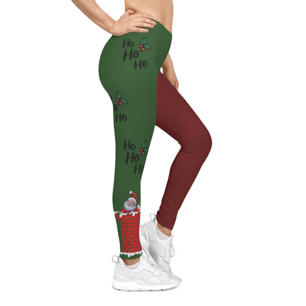Green leggings with Christmas design and text 'Ho Ho Ho' on a white background