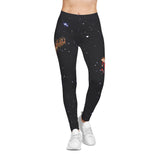 Black leggings with space-themed designs on a white background