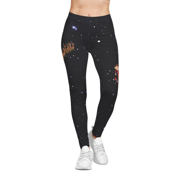 Black leggings with space-themed designs on a white background