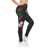 Black leggings with Christmas design featuring Santa Claus and 'Ho Ho Ho' text on a white background.