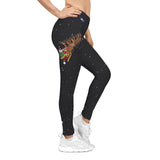 Black leggings with a festive design of a reindeer and Santa Claus on a white background