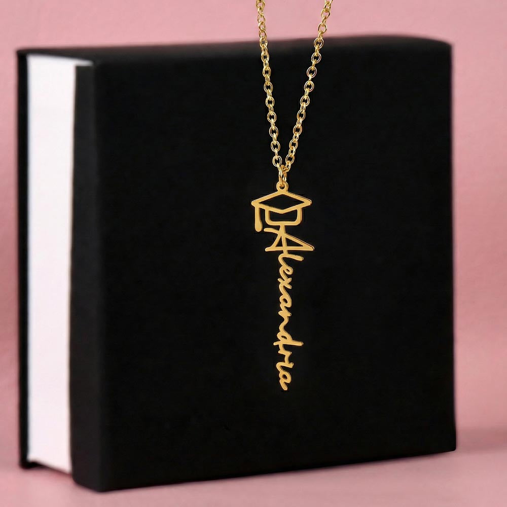 Custom graduation cap necklace in 18K yellow gold finish – personalized name necklace