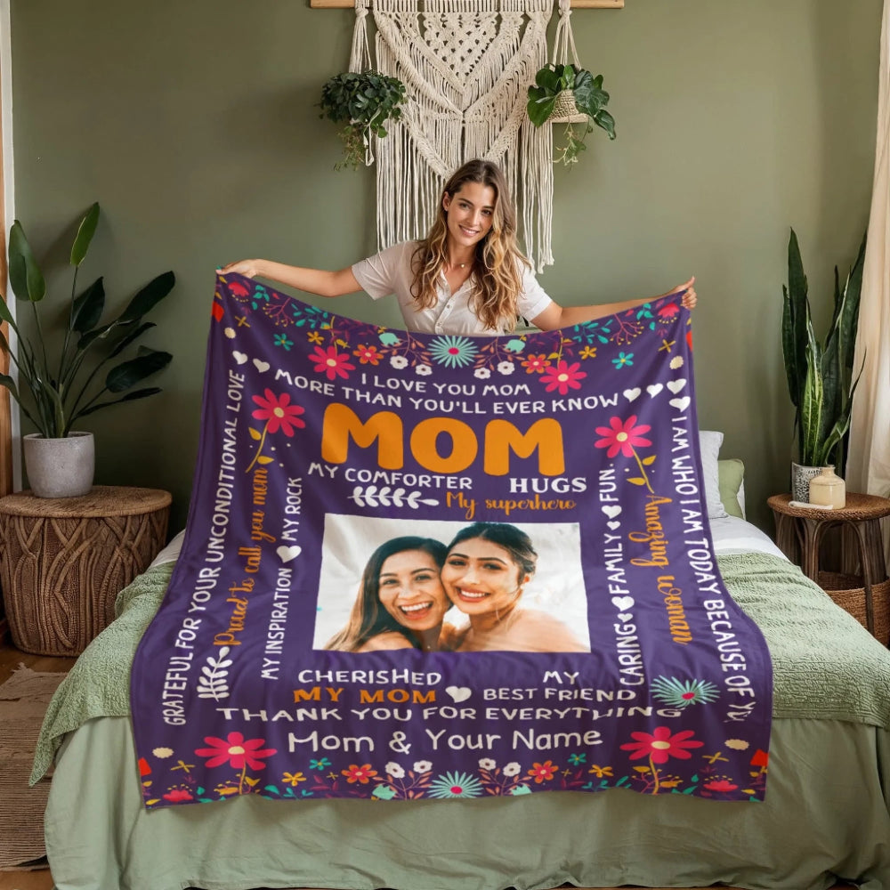 Woman holding a colorful blanket with text and photos in a bedroom setting