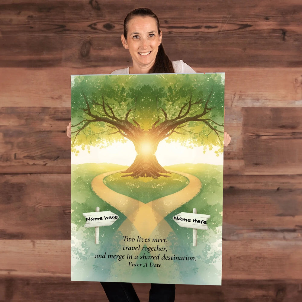 Romantic crossing paths canvas wall art with custom names and date, printed and shipped from the USA.