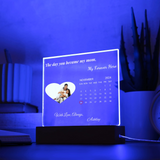 Personalized LED desk lamp with a heart-shaped photo and text on a blue background