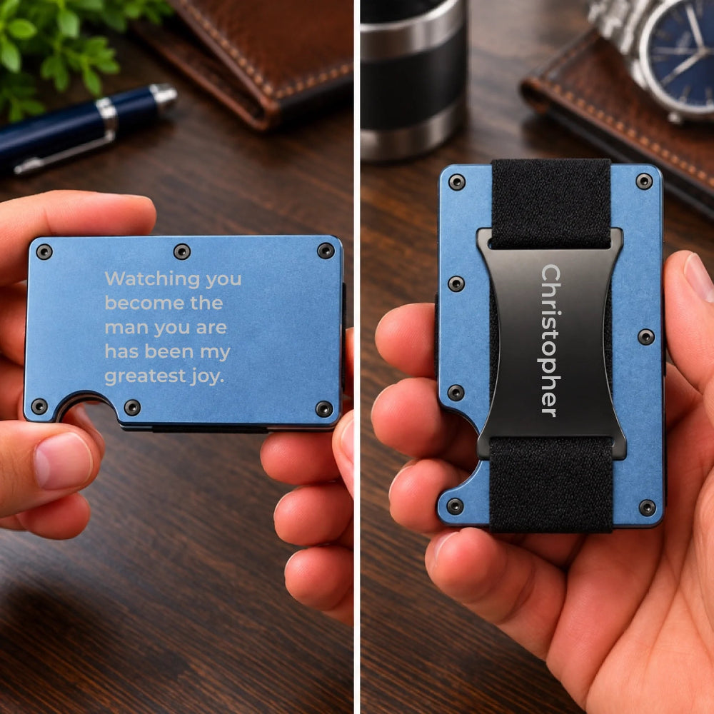 Navy blue personalized aluminum wallet for son with a heartfelt engraved message and custom name on the back cash plate.