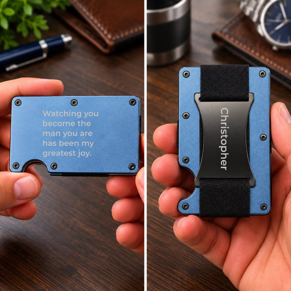 Navy blue personalized aluminum wallet for son with a heartfelt engraved message and custom name on the back cash plate.