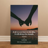 Poster with silhouette of hands holding, sunset background, and romantic quote.