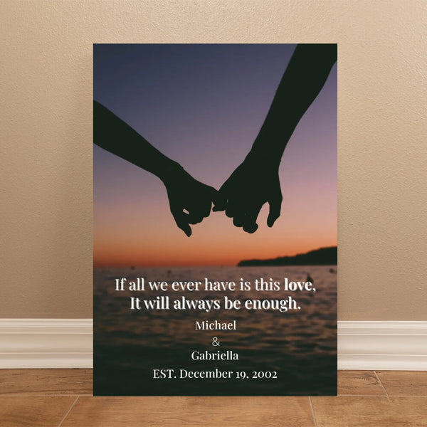 Poster with silhouette of hands holding, sunset background, and romantic quote.