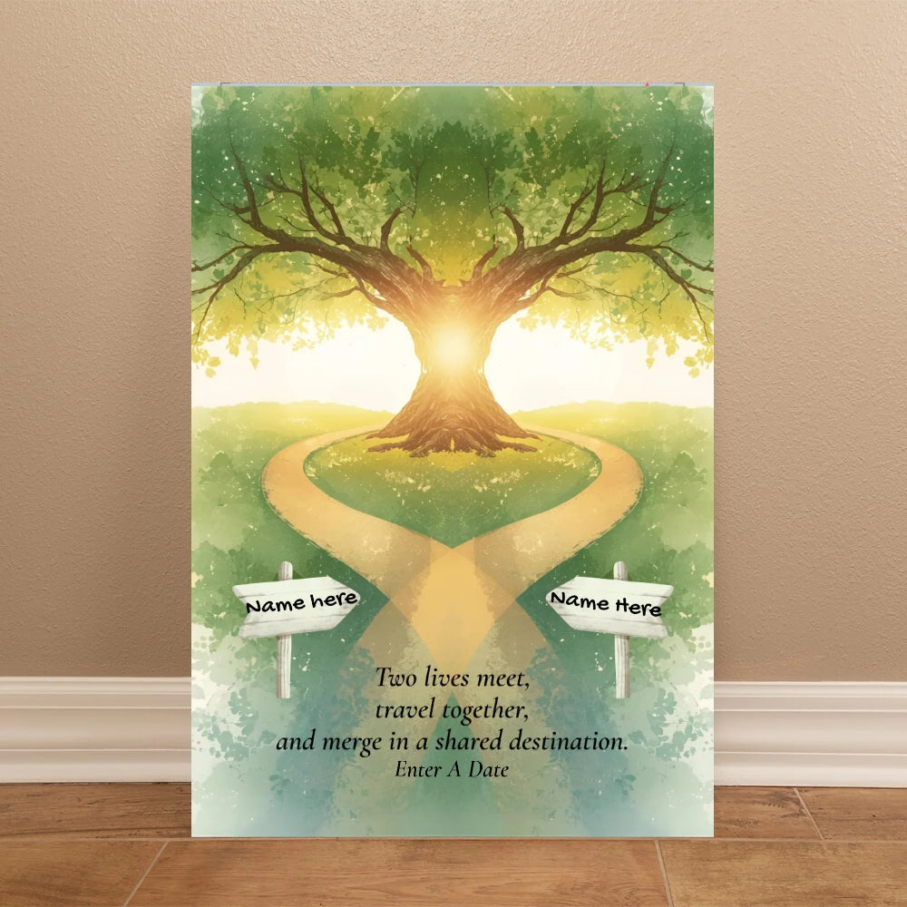 Personalized canvas print featuring two paths crossing with names and an important date