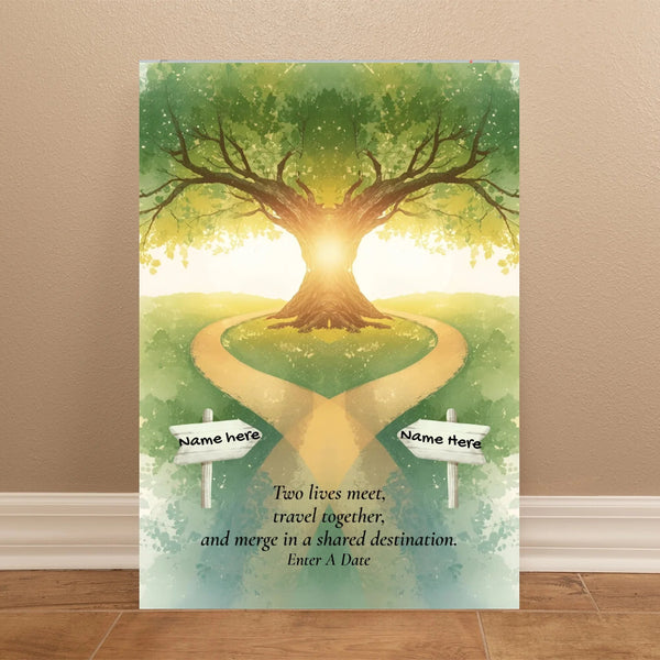 Personalized canvas print featuring two paths crossing with names and an important date