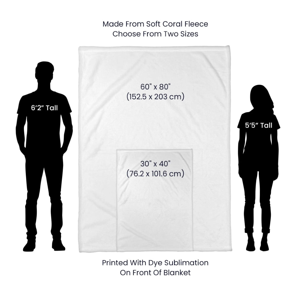 Measurement chart showing a blanket size with two silhouettes of people for scale.