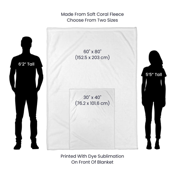 Measurement chart showing a blanket size with two silhouettes of people for scale.