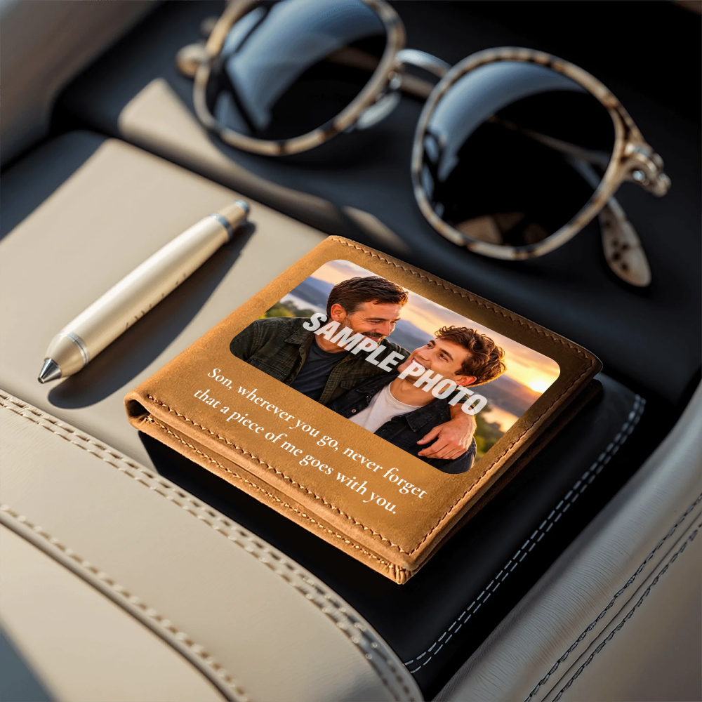 A personalized leather wallet with a photo of a father and son and the text 'SAMPLE PHOTO' and 'Son, wherever you go, never forget that a piece of me goes with you.' styled on a car seat next to sunglasses, a pen, and a notebook.
