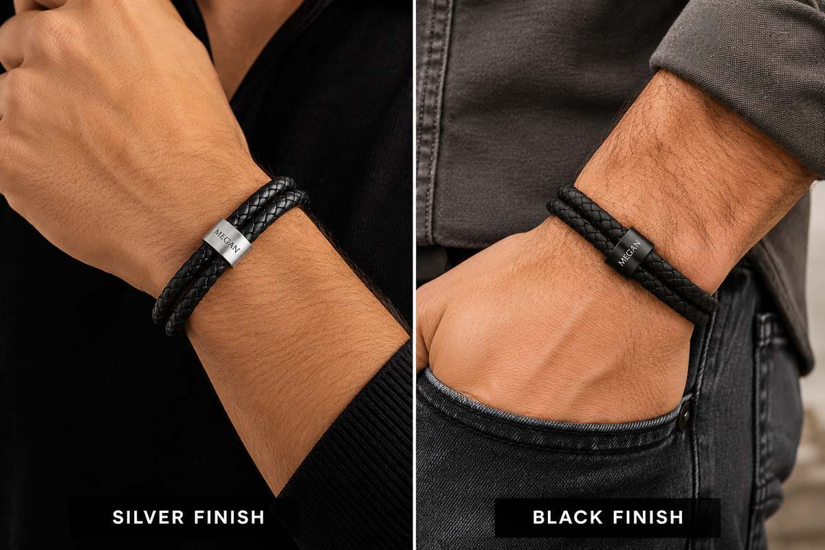 A split-screen comparison showing two finishes of a braided leather bracelet worn on a man's wrist. The left side shows a black braided bracelet with a silver metal clasp and the text 'SILVER FINISH'.