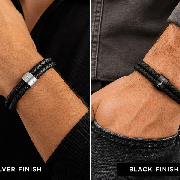 A split-screen comparison showing two finishes of a braided leather bracelet worn on a man's wrist. The left side shows a black braided bracelet with a silver metal clasp and the text 'SILVER FINISH'.