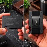 A split-screen lifestyle image showing a black metal card holder wallet being held in two hands. The left side shows the front with engraved text reading 'If I had to choose my Dad, I'd choose you every time.
