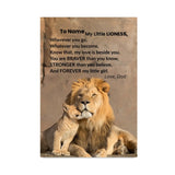 Lion and cub with a motivational quote on a brown background
