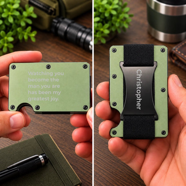 OD green personalized metal wallet for son showing the engraved message and custom name on the back.