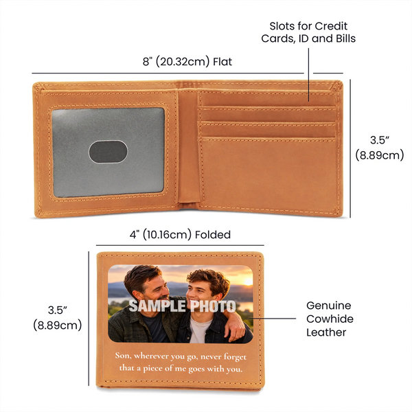 A tan cowhide leather bifold wallet shown in both flat and folded dimensions on a white background, with measurement labels and a sample photo printed inside the folded version.