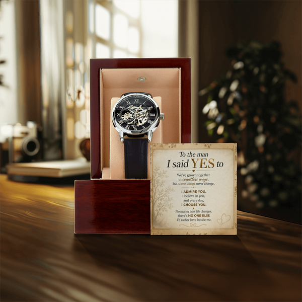 Automatic skeleton watch gift for husband with heartfelt message card and luxury gift box