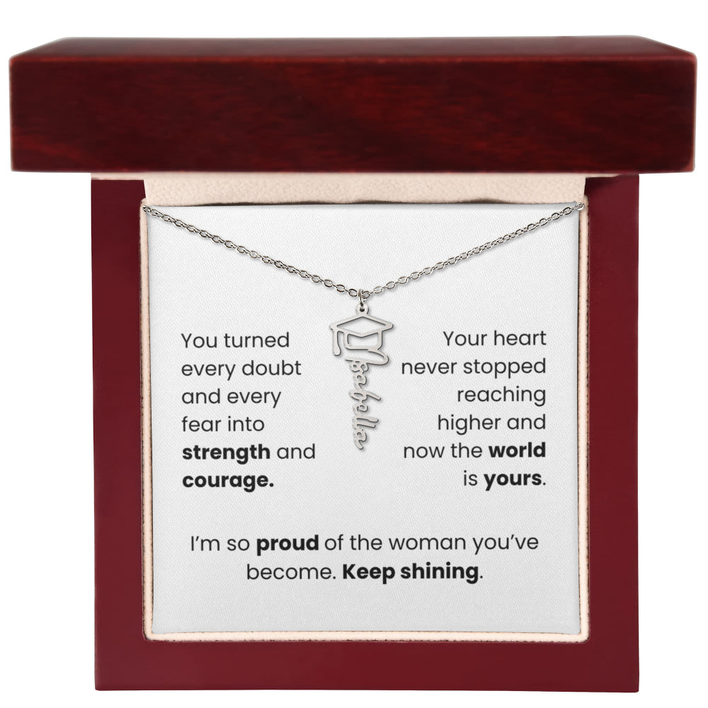 Necklace with graduation cap pendant in a gift box with a message card. Stainless Steel in mahogany box