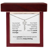 Necklace with graduation cap pendant in a gift box with a message card. Stainless Steel in mahogany box