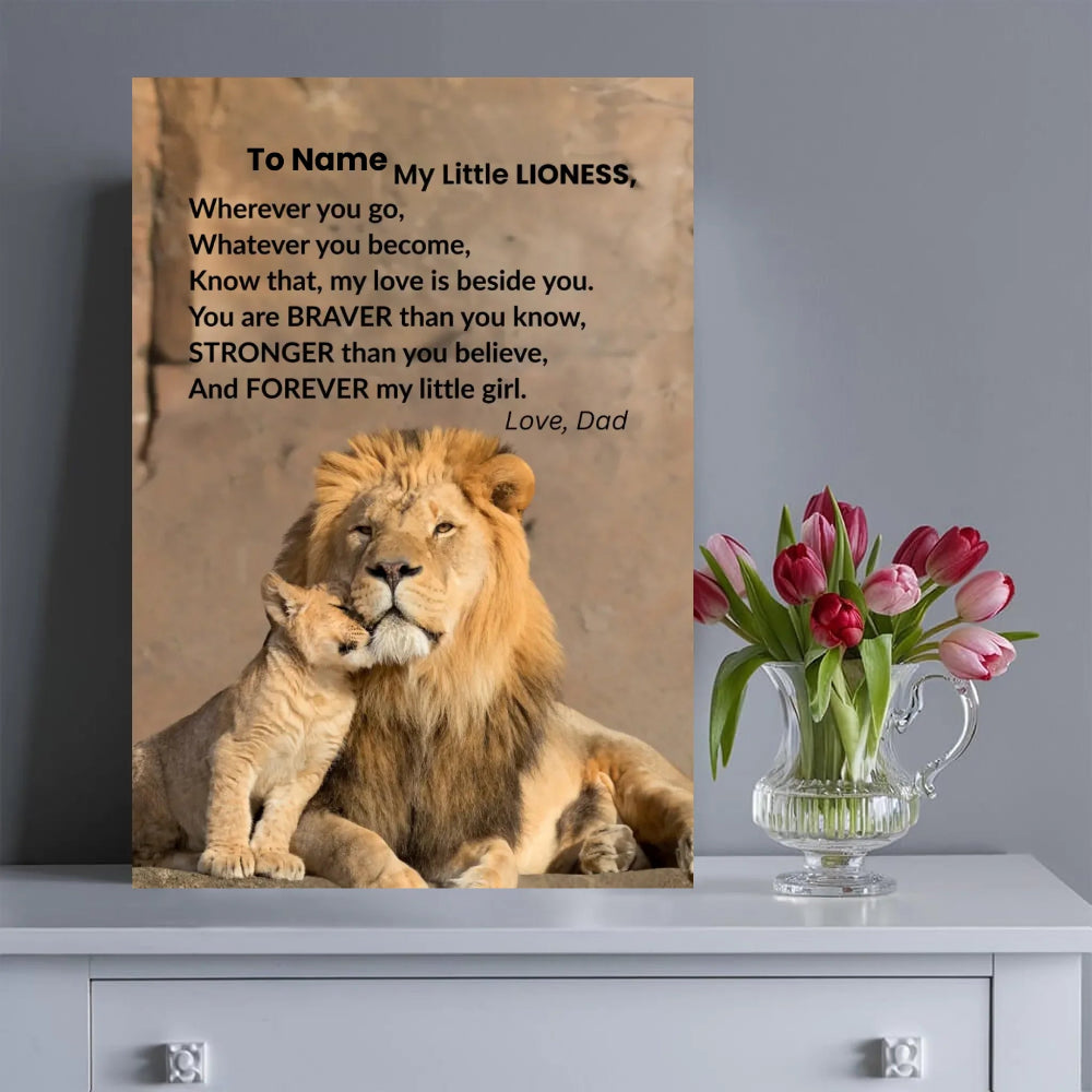 Decorative wall art with lions and a poem on a wooden plaque, accompanied by a vase of flowers.