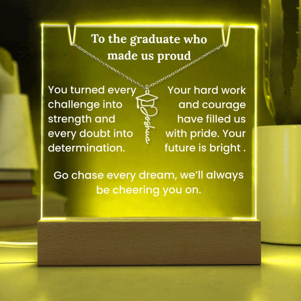 Decorative plaque with graduation-themed message and light-up design.