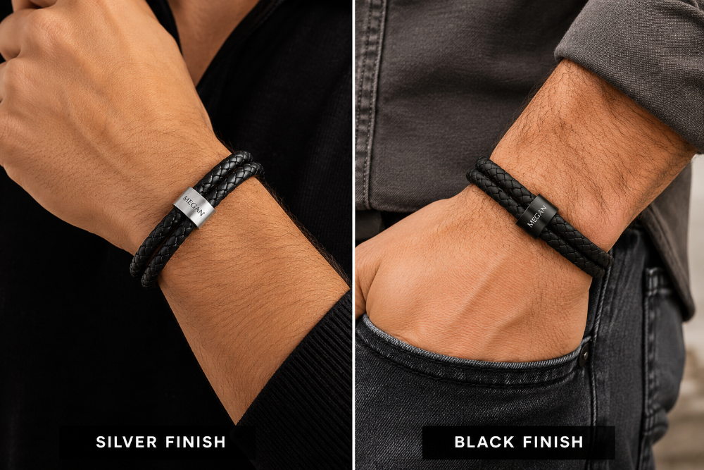 A split-screen comparison showing two finishes of a braided leather bracelet worn on a man's wrist. The left side shows a black braided bracelet with a silver metal clasp and the text 'SILVER FINISH'.