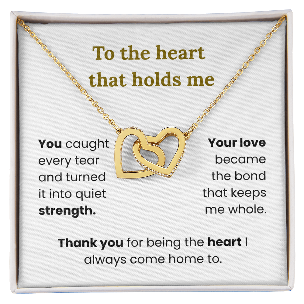 Interlocking hearts necklace for mom with personalized message card in elegant gift box