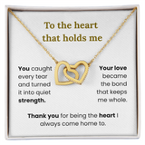 Interlocking hearts necklace for mom with personalized message card in elegant gift box