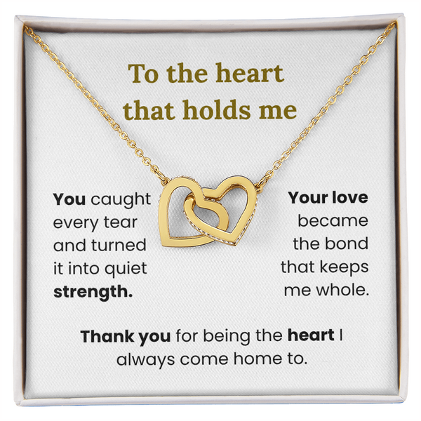Interlocking hearts necklace for mom with personalized message card in elegant gift box