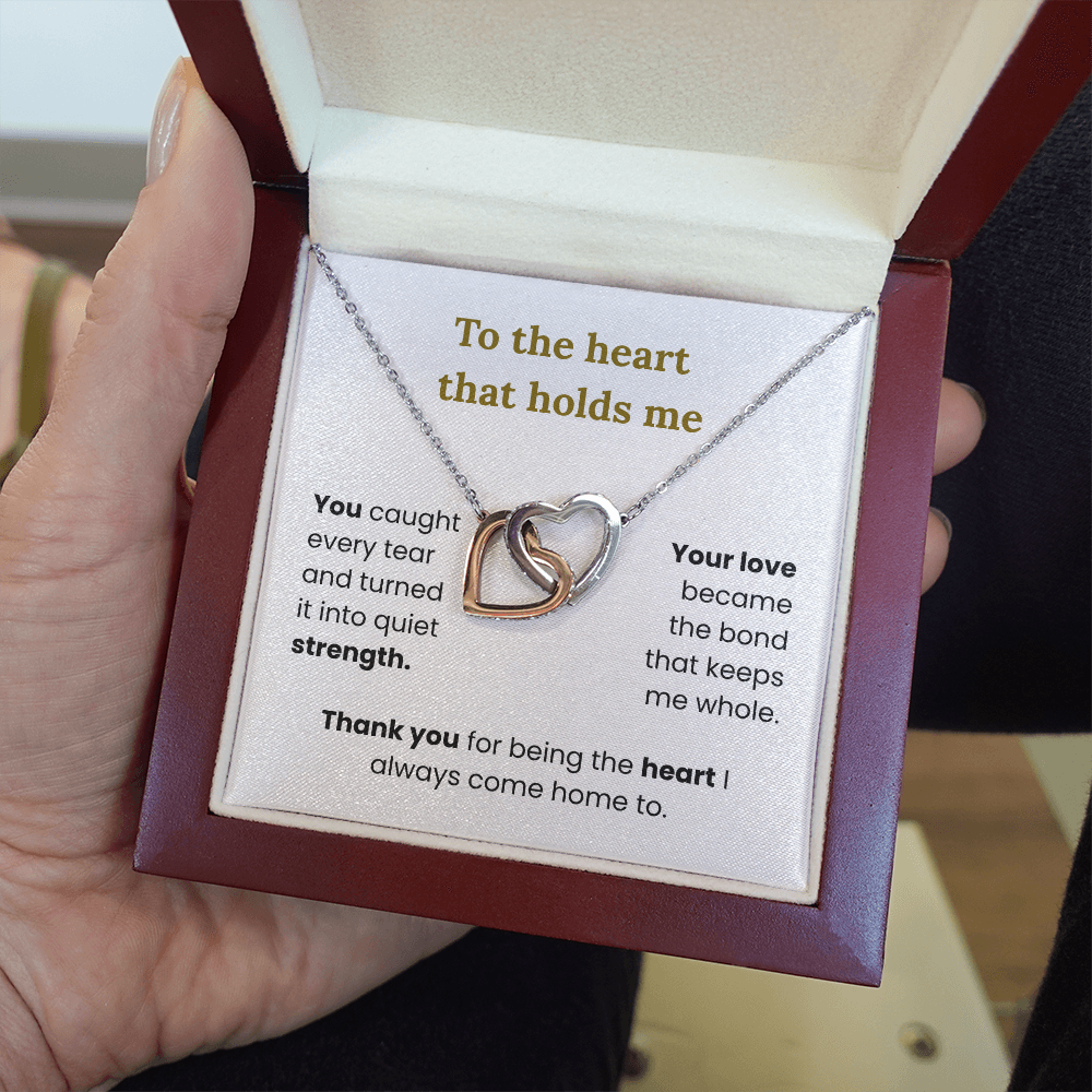 Interlocking hearts necklace for mom in mahogany LED spotlight gift box with white velvet lining