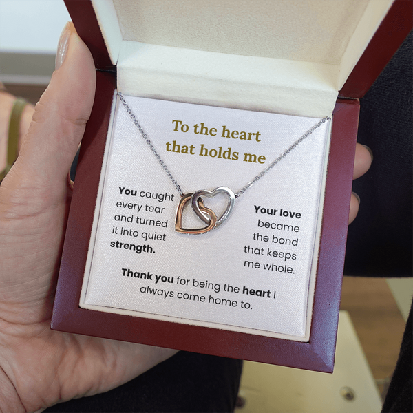 Interlocking hearts necklace for mom in mahogany LED spotlight gift box with white velvet lining
