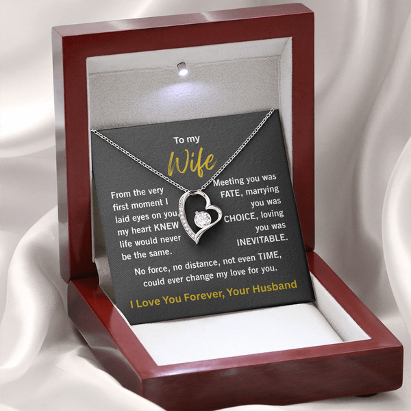 white gold forever love necklace in wooden style gift box with LED light