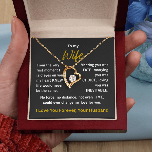 yellow gold forever love necklace in wooden gift box