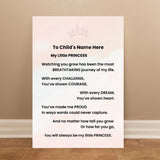 Personalized poster for a child with a princess theme on a beige wall.