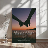 Poster with silhouette of holding hands and sunset, featuring a quote and names.