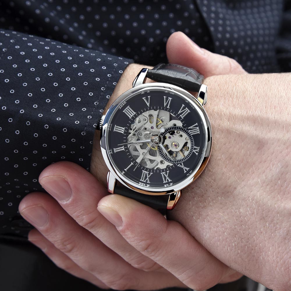 Meaningful watch gift for husband featuring an automatic skeleton dial and genuine leather band