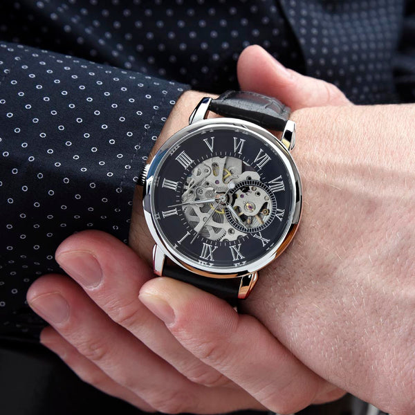 Meaningful watch gift for husband featuring an automatic skeleton dial and genuine leather band