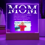Personalized LED lamp with 'Mom' text and a photo of a child on a purple background