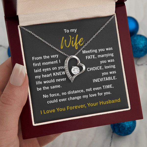 white gold forever love necklace in wooden gift box